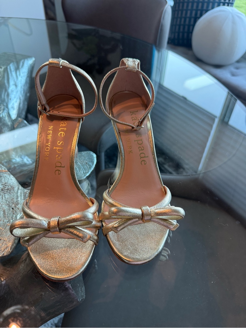 kate spade Metallic Gold Bow Ankle-Strap Heels